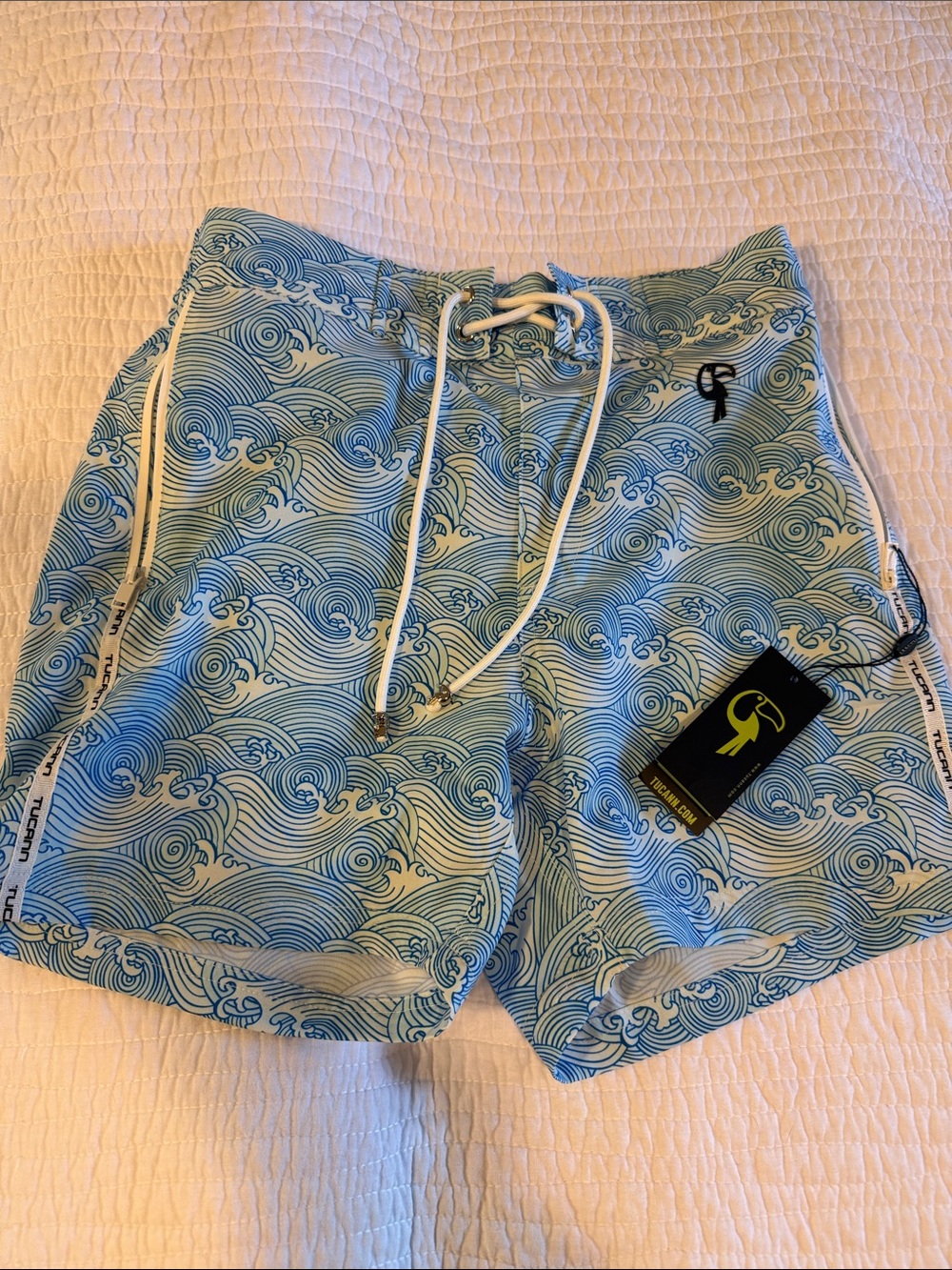 Men's Light Blue Wave Print Swim Trunks with Drawstring